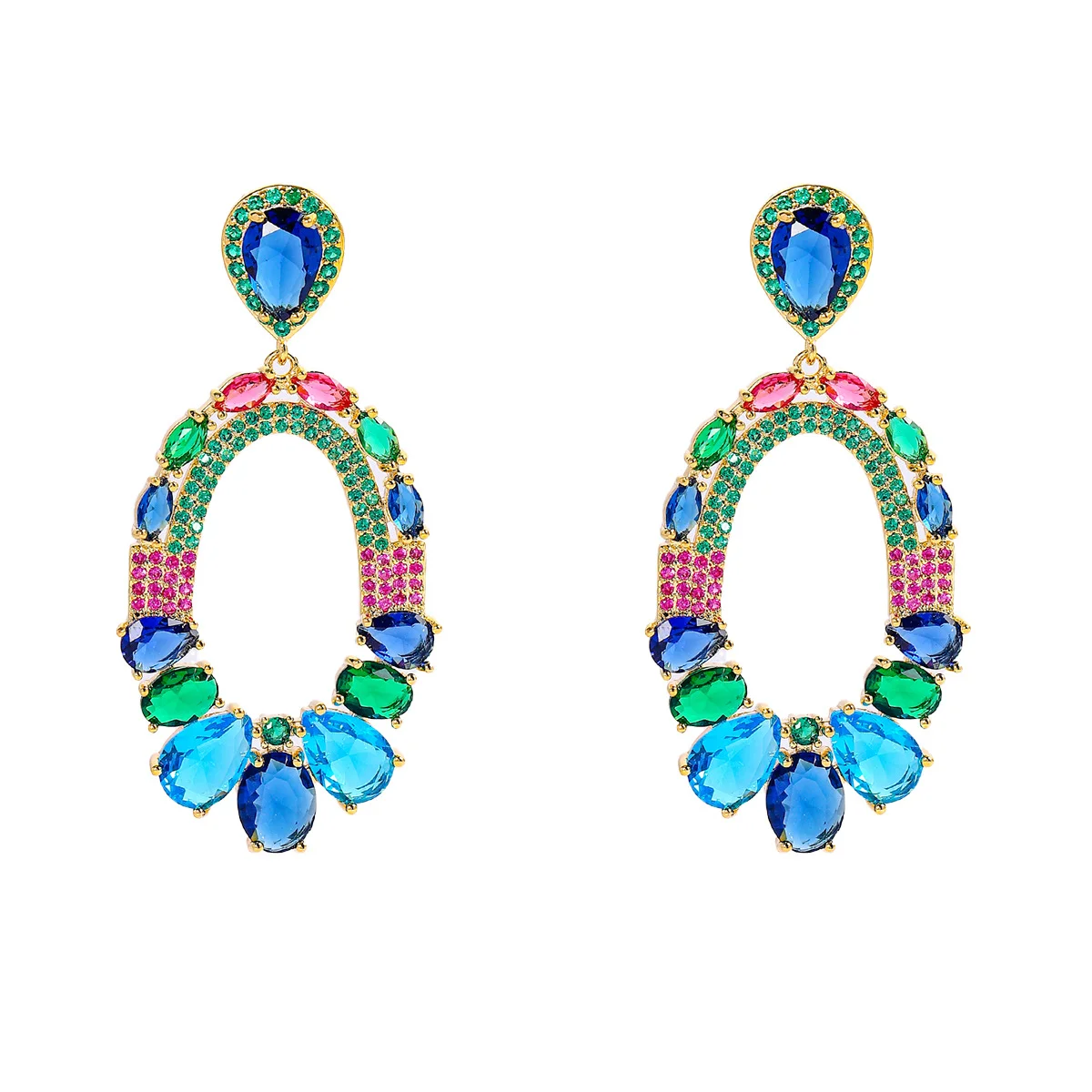 925 Silver Needle Luxury Multicolor Gemstone U-shaped Drop Earrings, Elegant Party Statement Jewelry Gift for Women