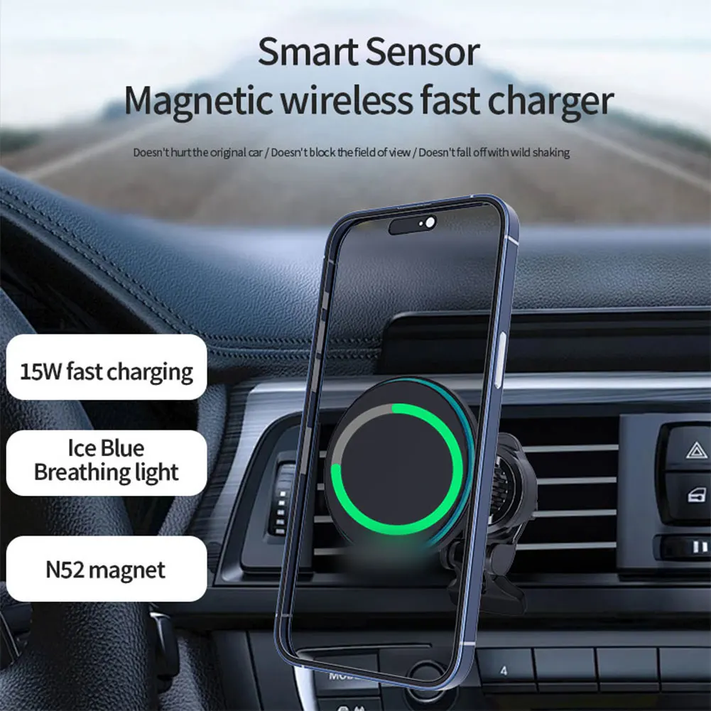 

Магнитный автомобильный держатель для телефона 15 Вт, беспроводное зарядное устройство со светодиодной подсветкой для IPhone 17/16 Pro Max, держатель для вентиляционного отверстия, аксессуары для телефонов