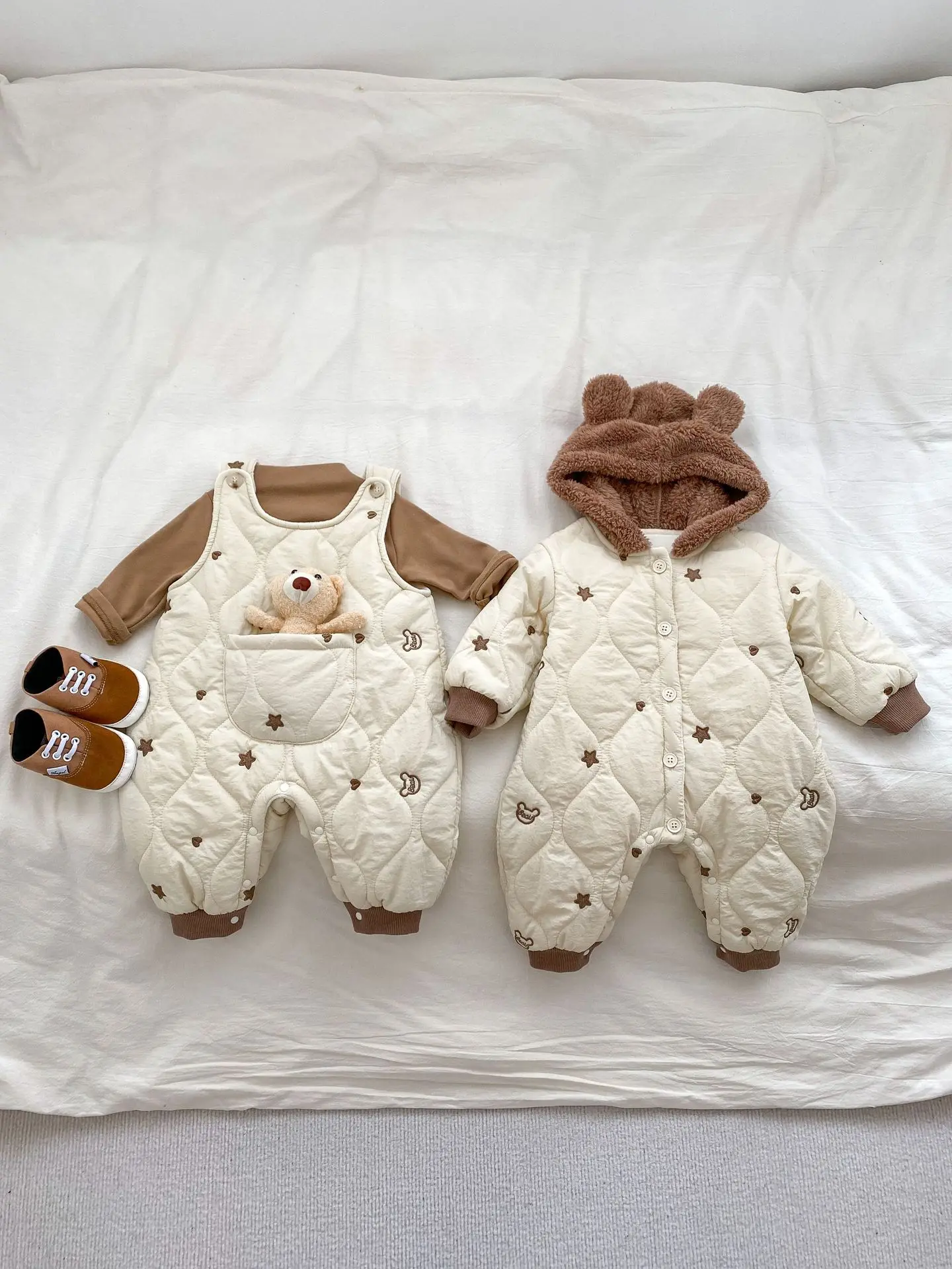 2024 Winter New Baby Fleece Warm Romper Cotton Newborn Cute Bear Hooded Jumpsuit Plus Velvet Thick Infant Boy Girl Clothes 0-24M