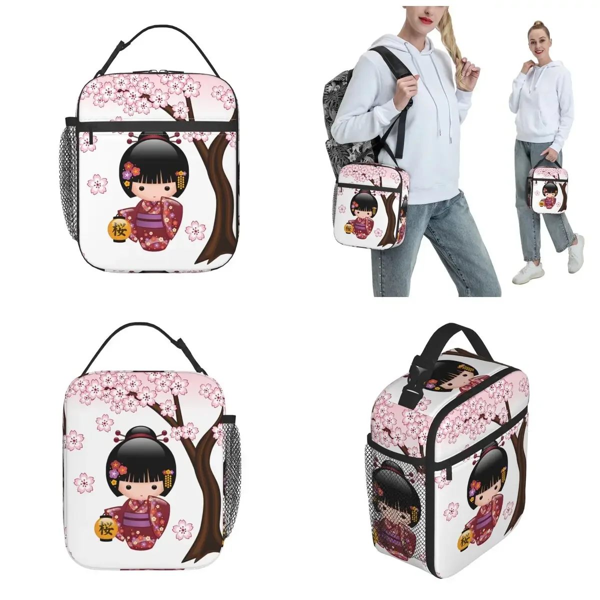 Sakura Kokeshi Doll Accessories Insulated Lunch Bag Japanese Geisha Girl Food Storage Bag Reusable Cooler Thermal Lunch Boxes