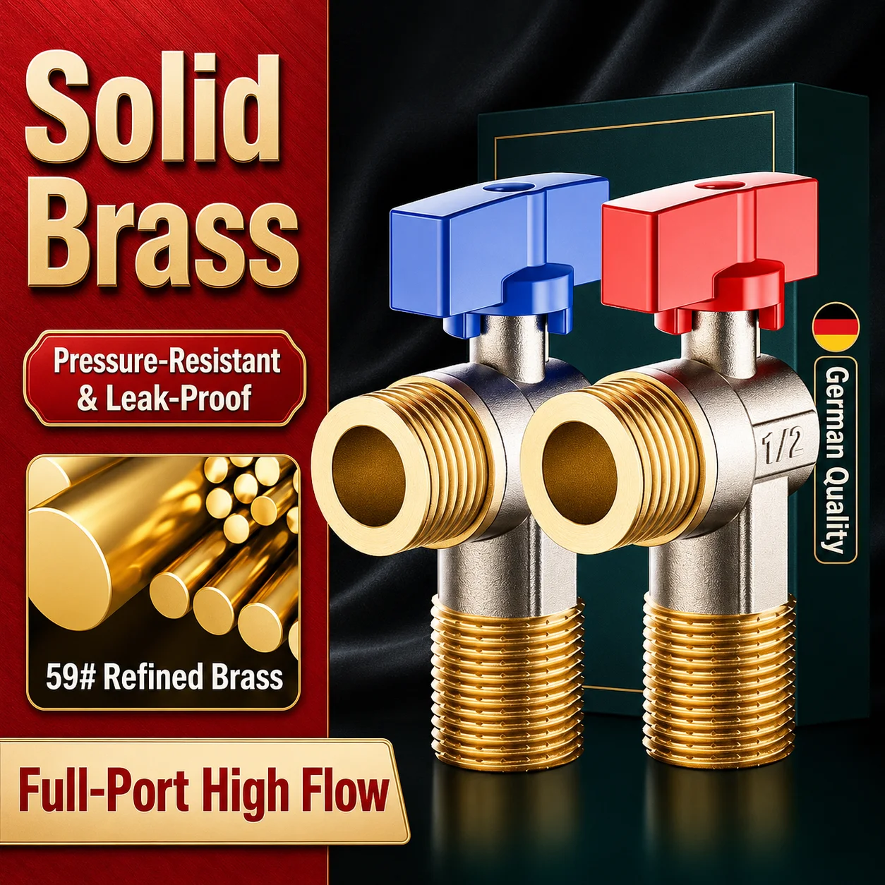 

High Flow Brass Angle Valve 1/2 Inch Full Port Ball Valve Gas Water Heater Bathroom Toilet Cold Hot Water Triangular Valve