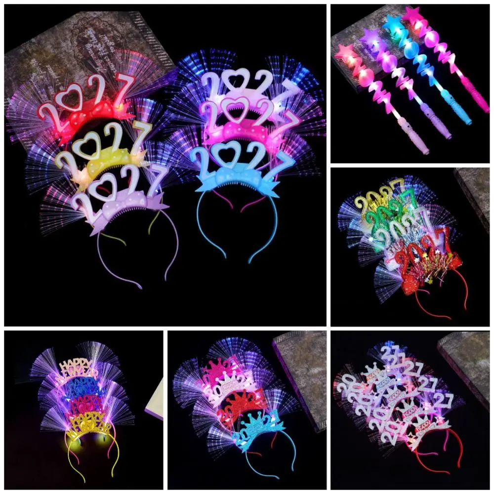 Sweet 2027 New Year Headband Glitter Star Strip Christmas Hair Hoop Optic Fiber Light Up Plastic Cartoon Holiday Hairbands