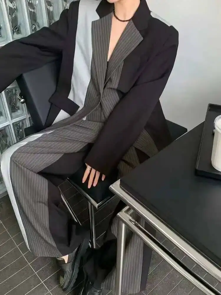 Bjtz moda feminina listra blazer entalhado único breasted bolsos contraste cor algodão terno jaquetas verão 2025 novo