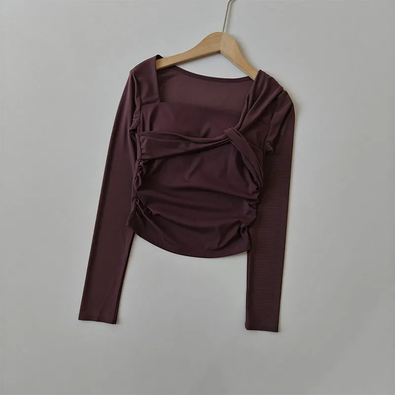 Damen Herbst-Winter Yoga Mesh Atmungsaktives Lauf-Sport-Langarm-Crop-Top mit Brustpolstern, Hochwertige Fitness-Oberteile – Detail 11