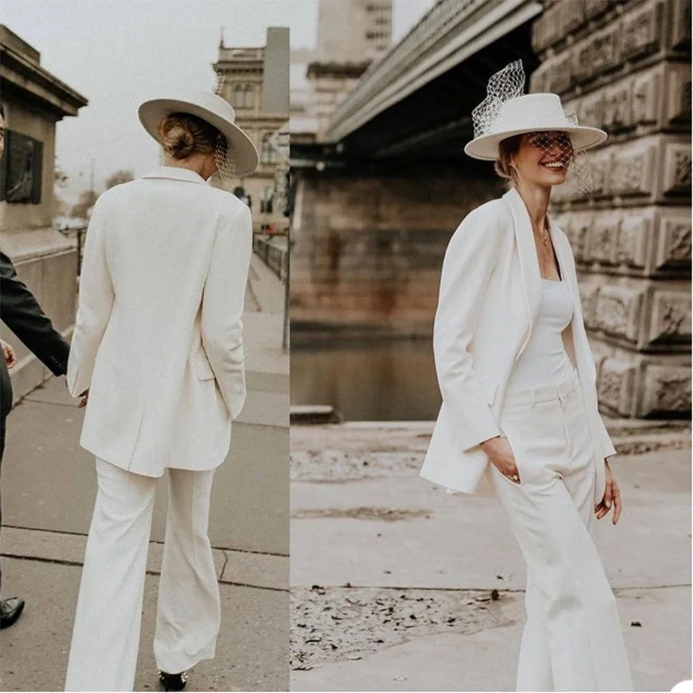 Classic Vintage White Women Suit Romantic Wedding Shawl Lapel (Blazer+Pants) Formal Office Party Conjuntos Para Mujeres 2 Piezas