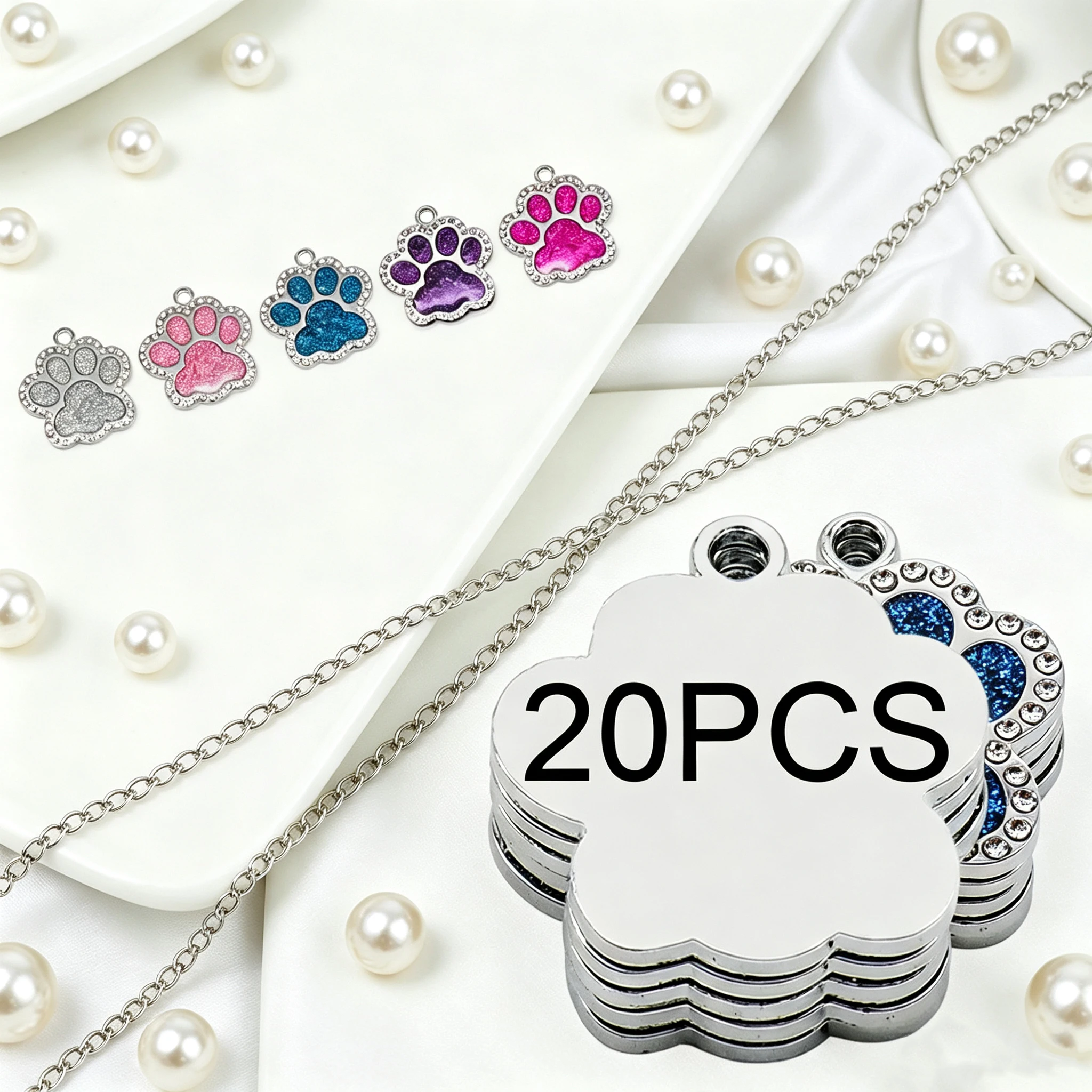 20PCS Cat And Dog Personalized Metal Paw Tag With Diamonds Used For Custom Pet Jewelry Tags Collar Accessories Alloy