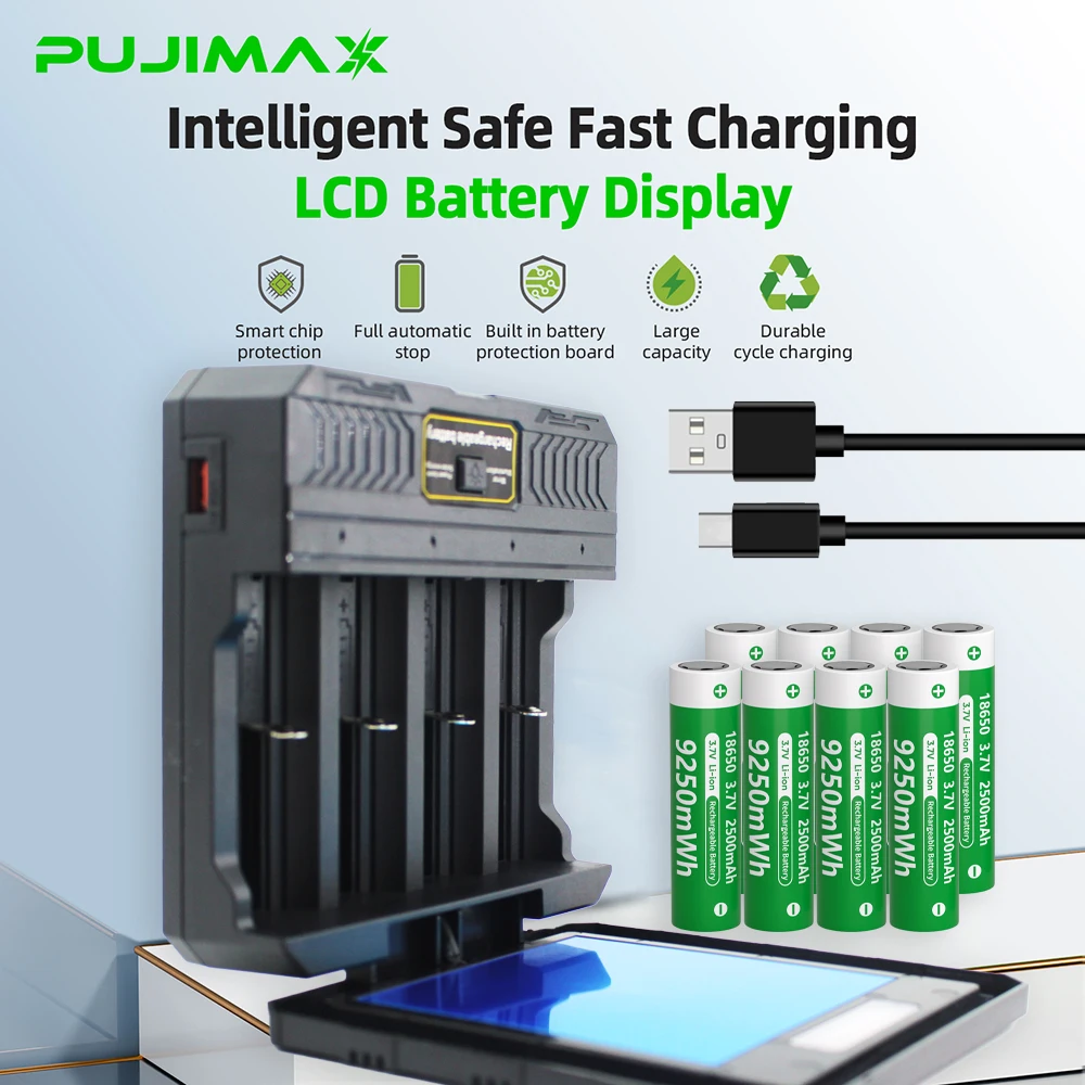 PUJIMAX 3,7V 2500mAh 18650 Akku 18650 Lithium-Akku für Taschenlampen, Spielzeug, Ventilatoren, Türklingel + 4-Slot-Solarladegerät