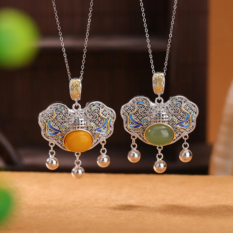 S925 Sterling Hetian Jade Amber Gourd Ruyi Enamel Silver Pendant