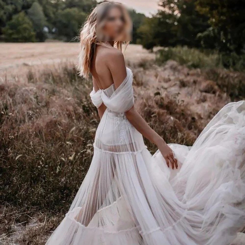 

Beach Illusion Off The Shoulder Wedding Dress For Women 2023 Lace Appliques Backless With Ruffles A Line Simple Bridal Gown