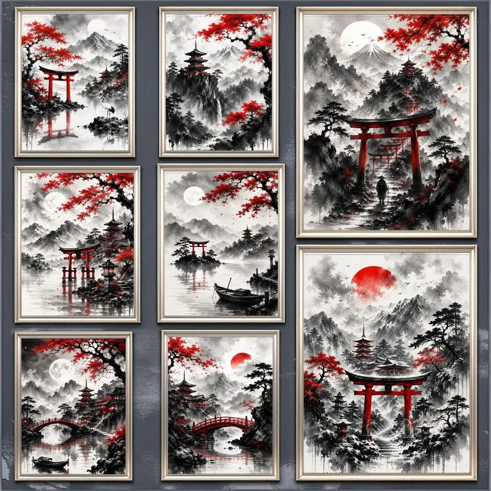 Japanese Ink Red Maple Mountain Torii Poster Modern Aesthetic Home Decoration Wall For Living Room Bedroom Home Gift