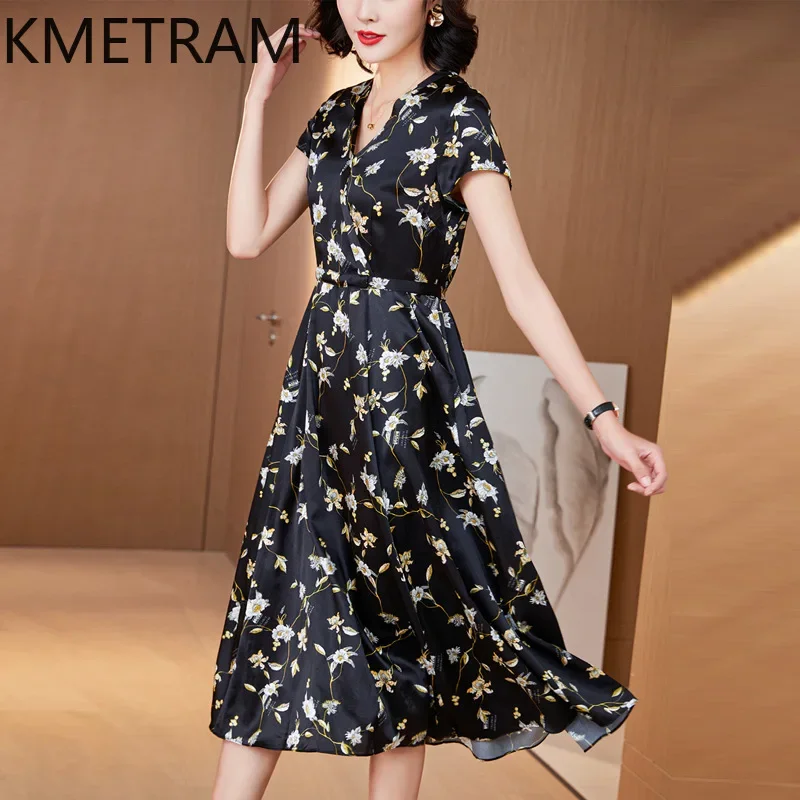 KMETRAM 92% Mulberry Silk 21 Momme Dress Women Elegant Party Long Dresses Female 2024 Summer Dress V-Neck Women Clothing Vestido