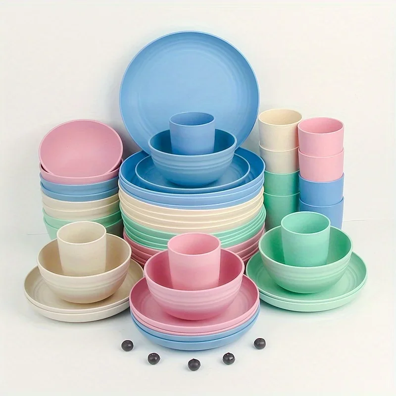 16 pieces of Rainbow kitchen plastic wheat straw tableware set, a modern tableware set that is not easy to break