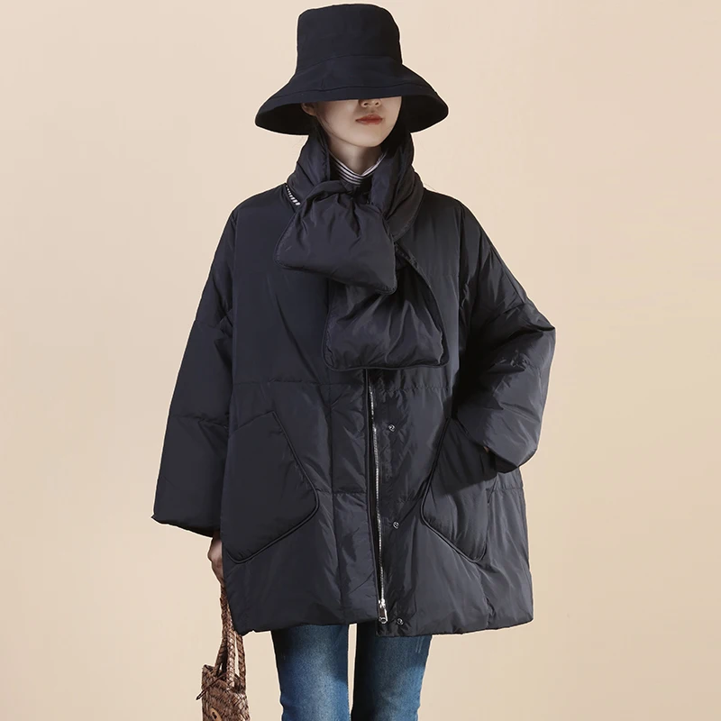 FTLZZ Winter Women Scarf Round Neck Warm Snow Outwear Elegant Female 90% White Duck Down Jacket Casual Loose Solid Coat