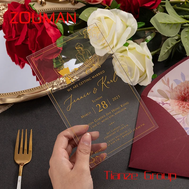 Tarjeta de invitación de boda personalizada con estampado en caliente, tarjetas de letreros de despedida doradas, tarjeta de invitación de boda acrílica de lujo