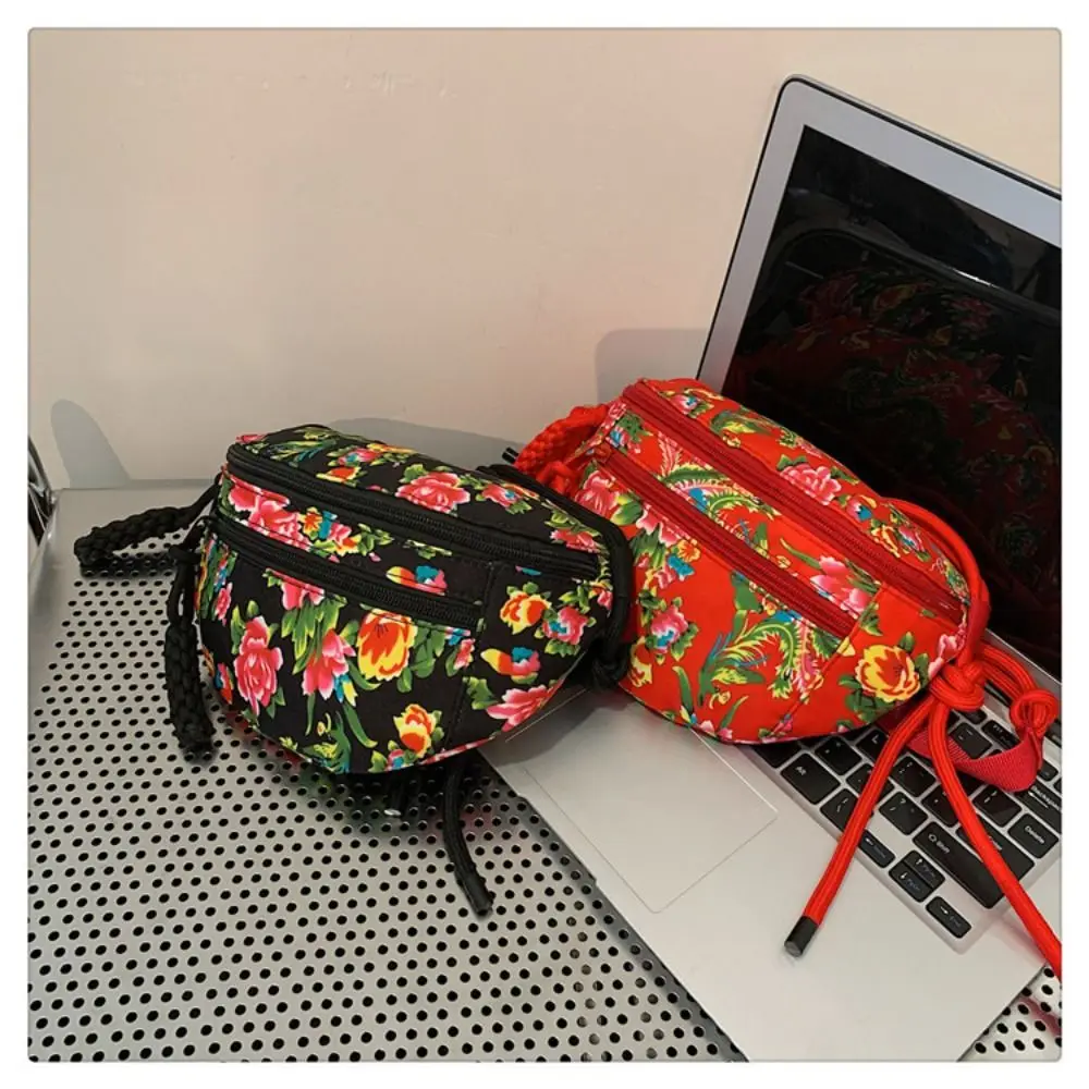 Retro Nylon Canvas Crossbody Bag Zipper Floral Pattern Canvas Chest Bag Phone Bag Chinese Style Flower Waist Bag Outdoor
