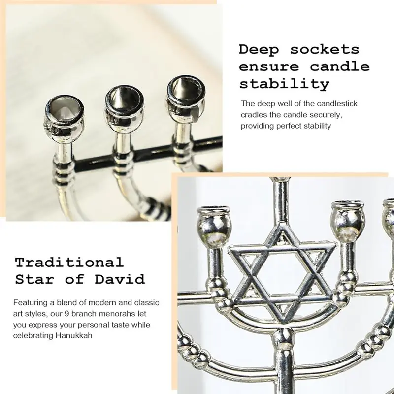 Jewish Gift- Non Tarnish 9-Branches Star Of David Candle Holders, Hanukkah Menorah Upgrade Cups W