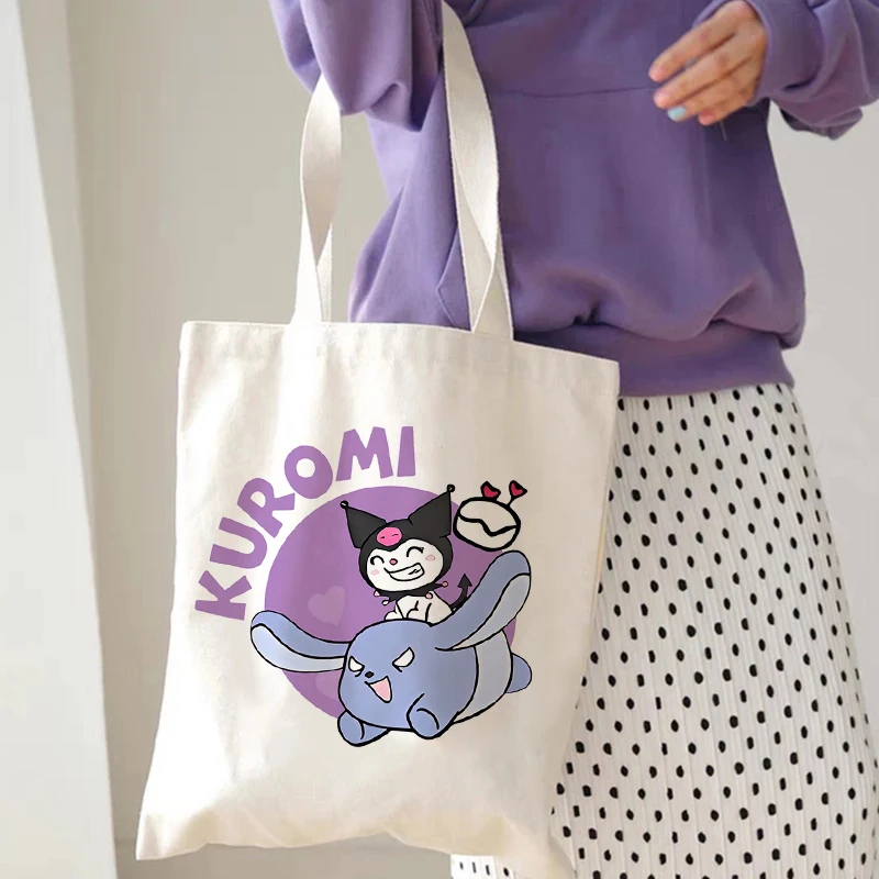 Kawaii Harajuku Kuromi Tote Bag Shopper Canvas Shoulder Bag Eco Sanrio Casual Shopping Bag Women Tote Female