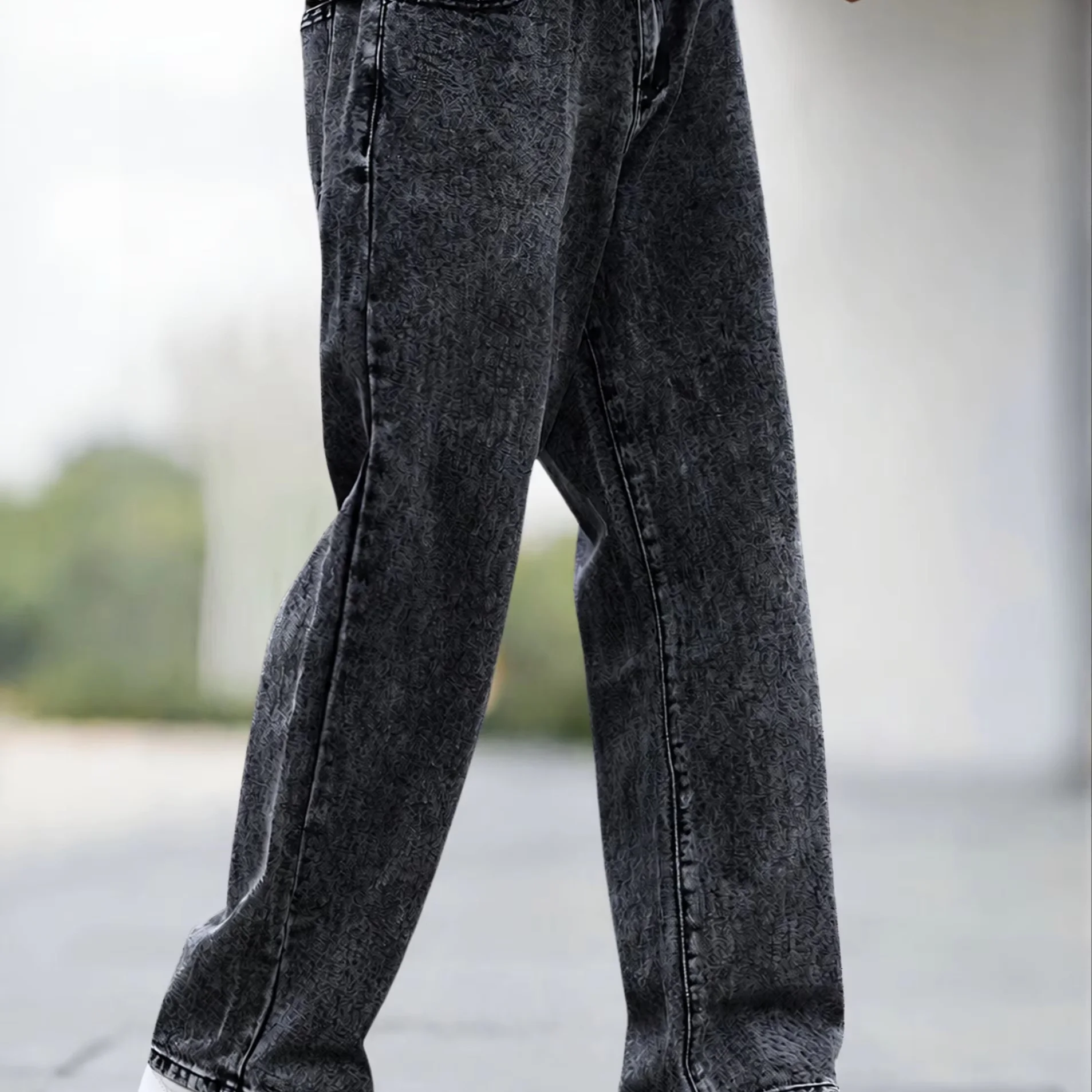 Men's Snowflake Washed Wide‑Leg Jeans, Loose Straight Full‑Length Denim Pants, Dark Gray Casual Streetwear Trousers For Men