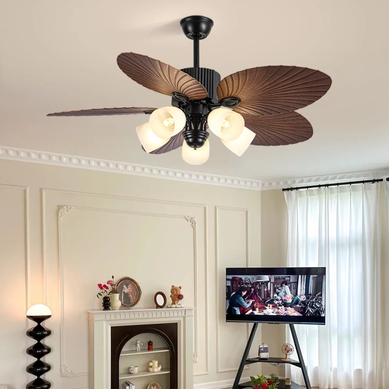 645D Ceiling Fan Light 42-52 Inches Tropical Style Palm Leaf Blades Flush Mount AC Motor Iron Lamp Body For Seaside Patio