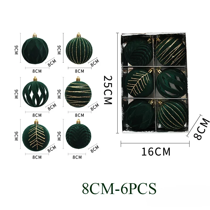 ダークグリーンワインレッドクリスマスボールオーナメント、球体ペンダント、ベルベットボール、クリスマスツリーデコレーション、新品、8cm、6個、12個