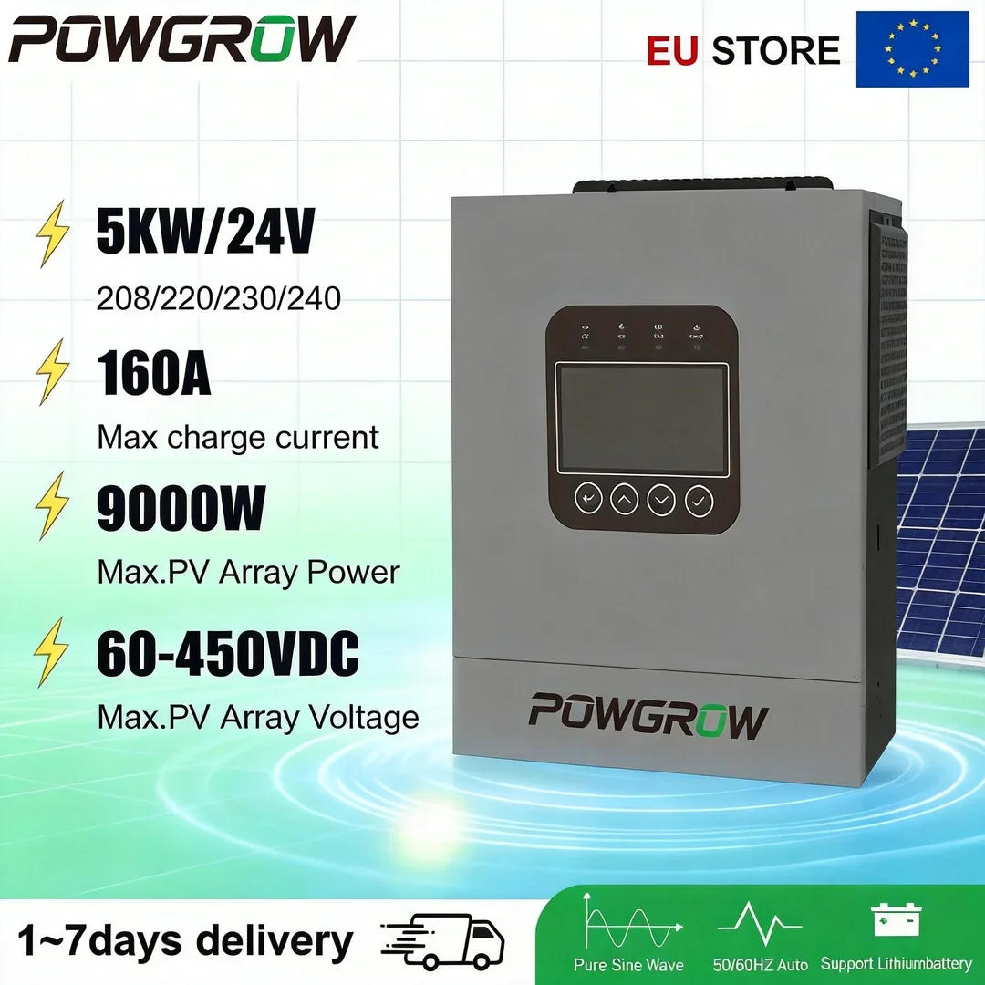 POWGROW 5KW 24V Hybride Solar Inverter Pure Sine Wave MPPT 160A WIFI Inverter Enkelvoudige Uitgang PV 500V Off Grid Pure Sine Wave BMS