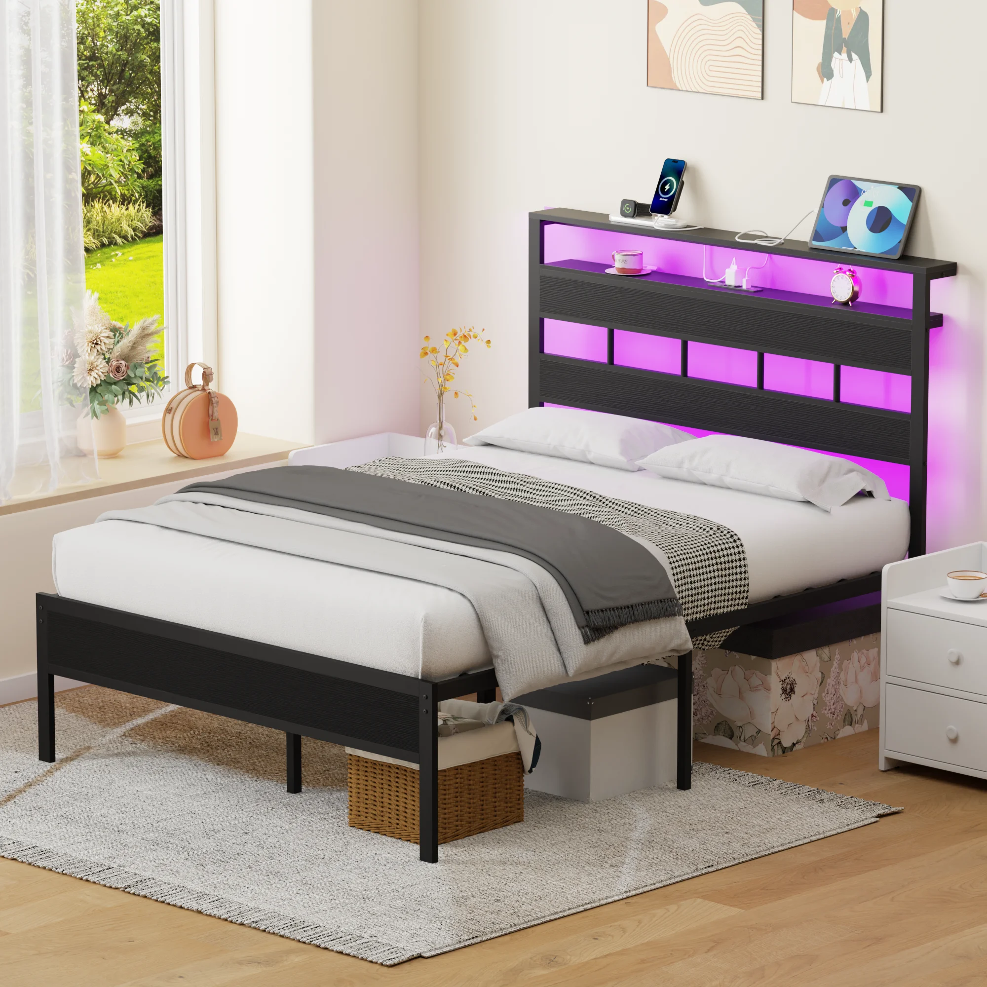 Satifur Full/Queen Size Bed Frame with LED Light and Charging Station, Wood Storage Headboard with 2-Tier Shelves,Metal Platform image 2