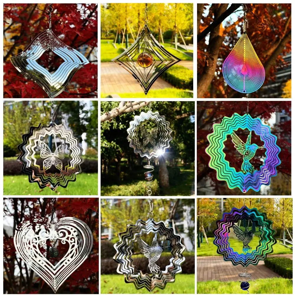 3D Flowing Wind Spinner Stainless 10/15cm Catcher Hanging Decor 10 Styles Mirrored Wind Chimes Sculptures