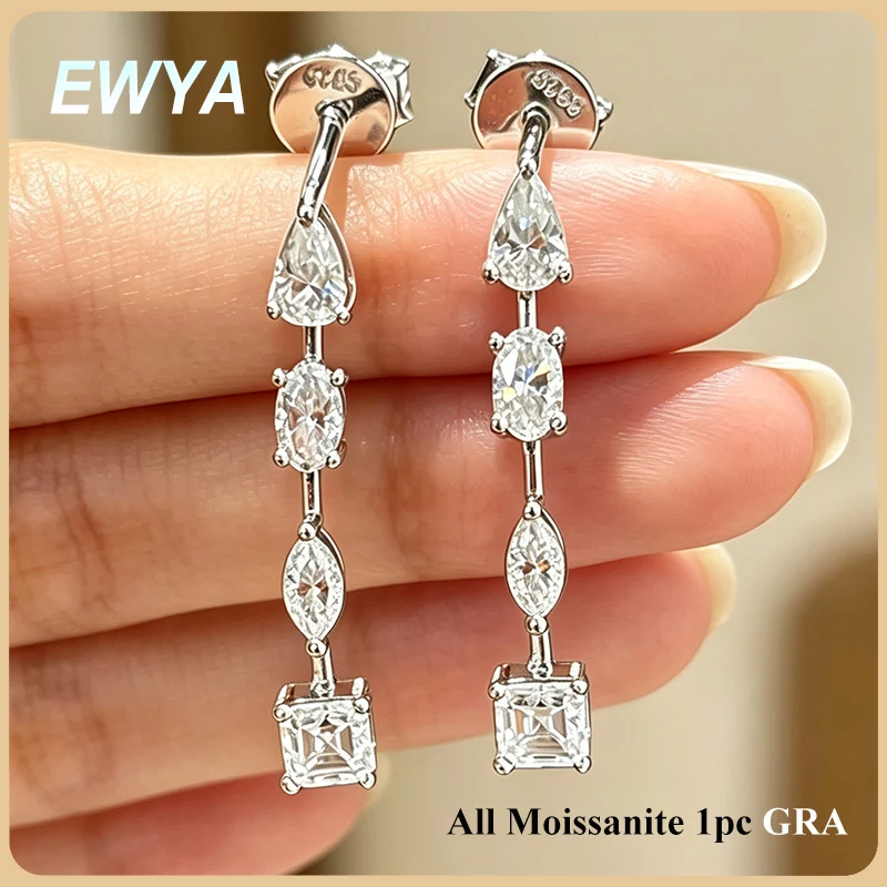EWYA Multi Shape Moissanite Linear Drop Earrings Pear Oval Marquise Cut Lab Diamond Long Dangle S925 Silver Women Stud Earring