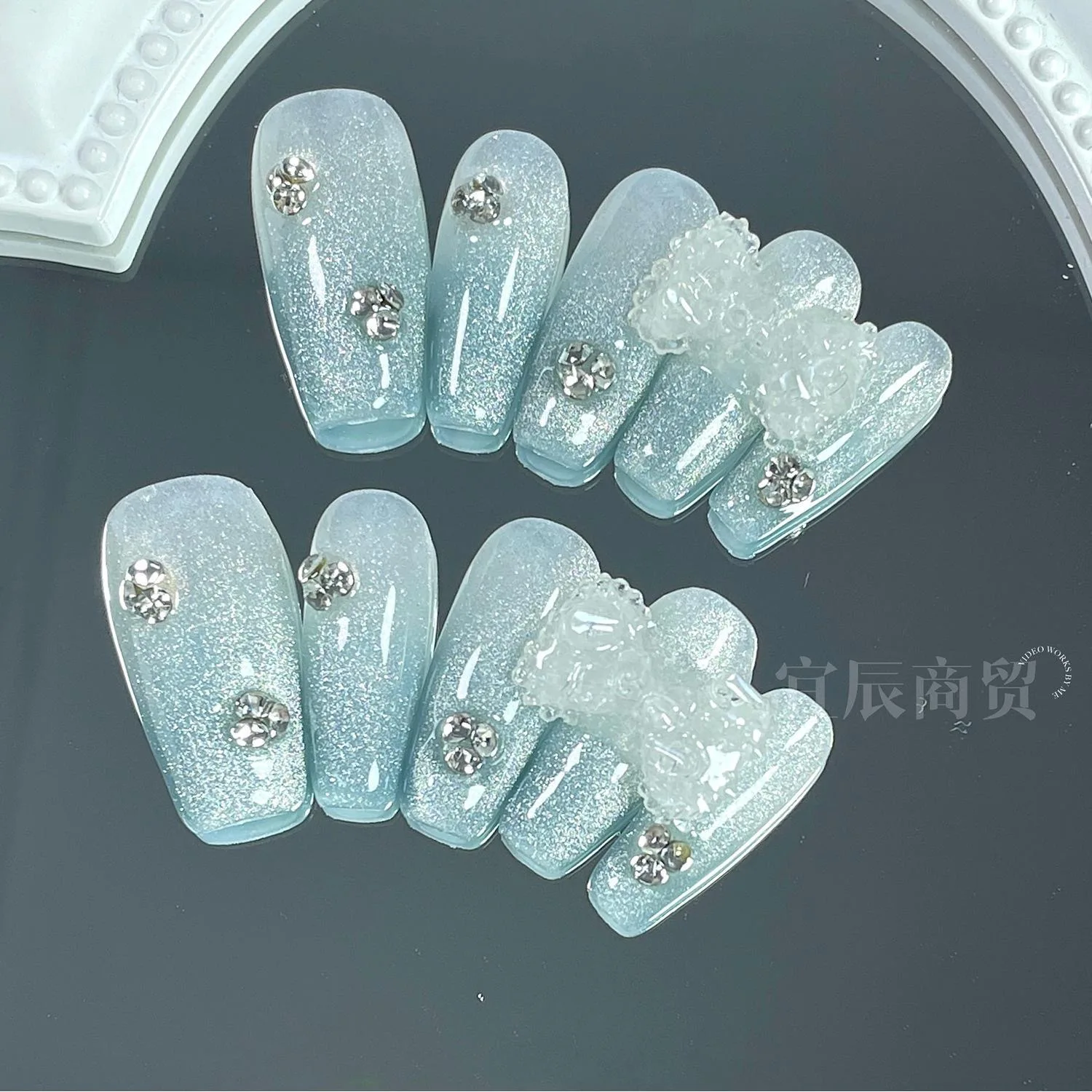 

Nails Set Press On Pure Handmade Wearable Nails Love Butterfly Fashion Fake Nails bear Black Write Blue Pink Accessories