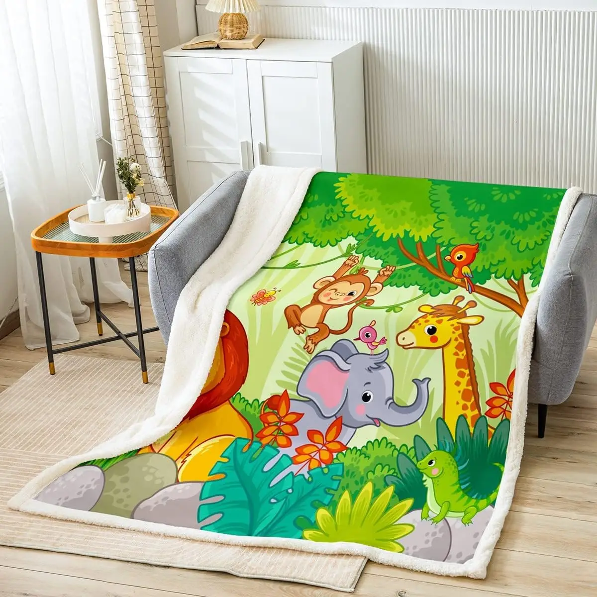 

Cartoon Animals Kids Throw Blanket,Cute Monkey Lion Giraffe Elephant Bed Blanket for Boys Girls Adults,Palm Leaves