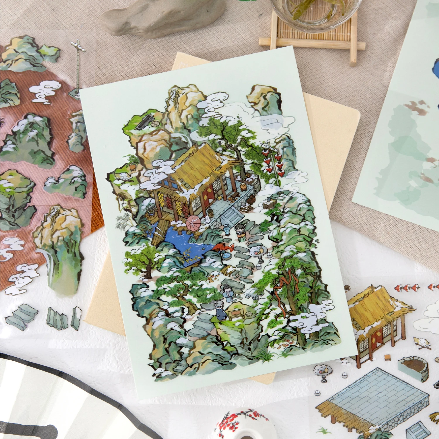 

3pcs PET Chinese Style Hand-Painted Garden, Courtyard & Landscape Scenery Fun DIY Scrapbook