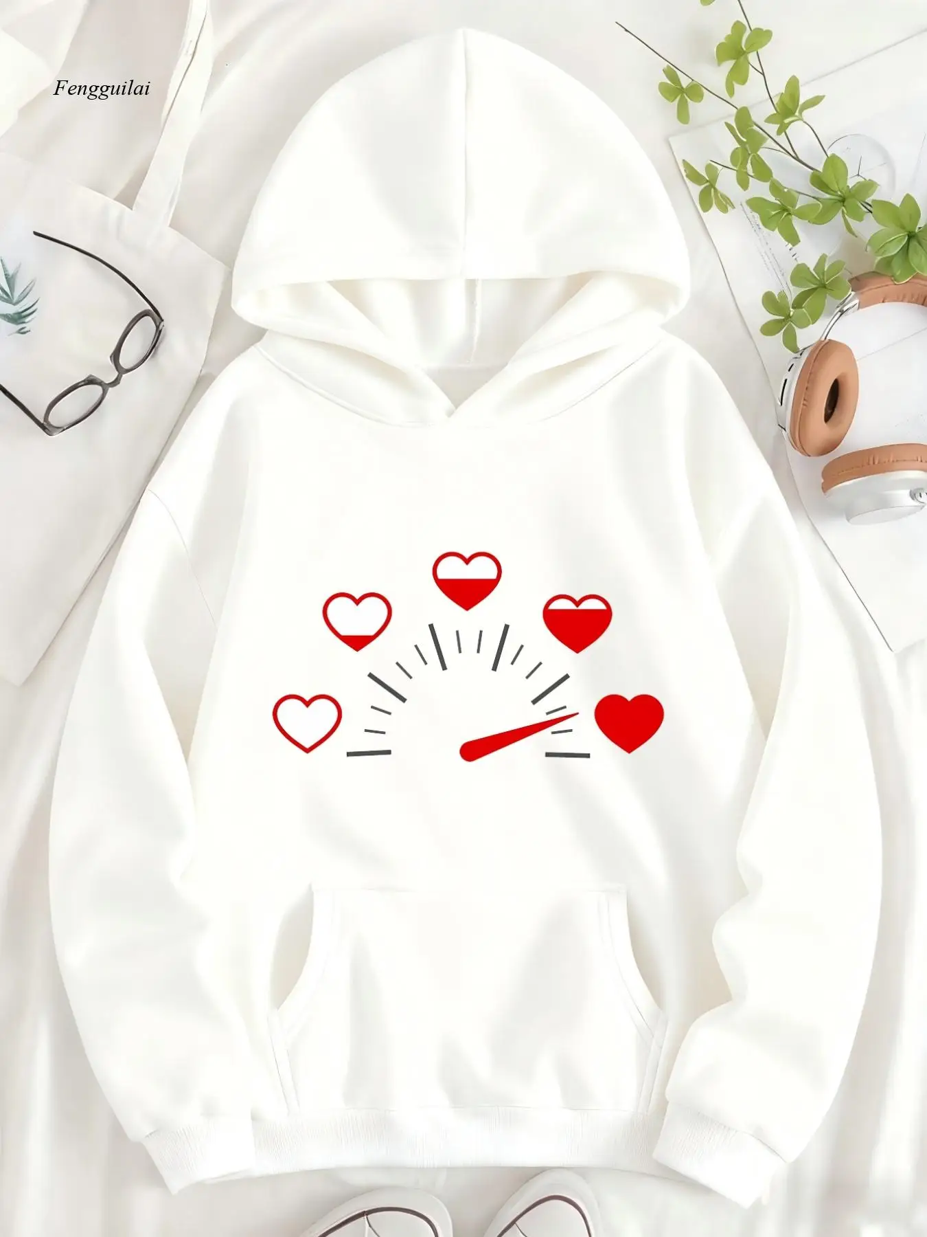 

Толстовка с капюшоном и принтом «Сердце и датчик» | Мягкий, длинный рукав, карманный деталь, спортивный стиль, всесезонная одежда