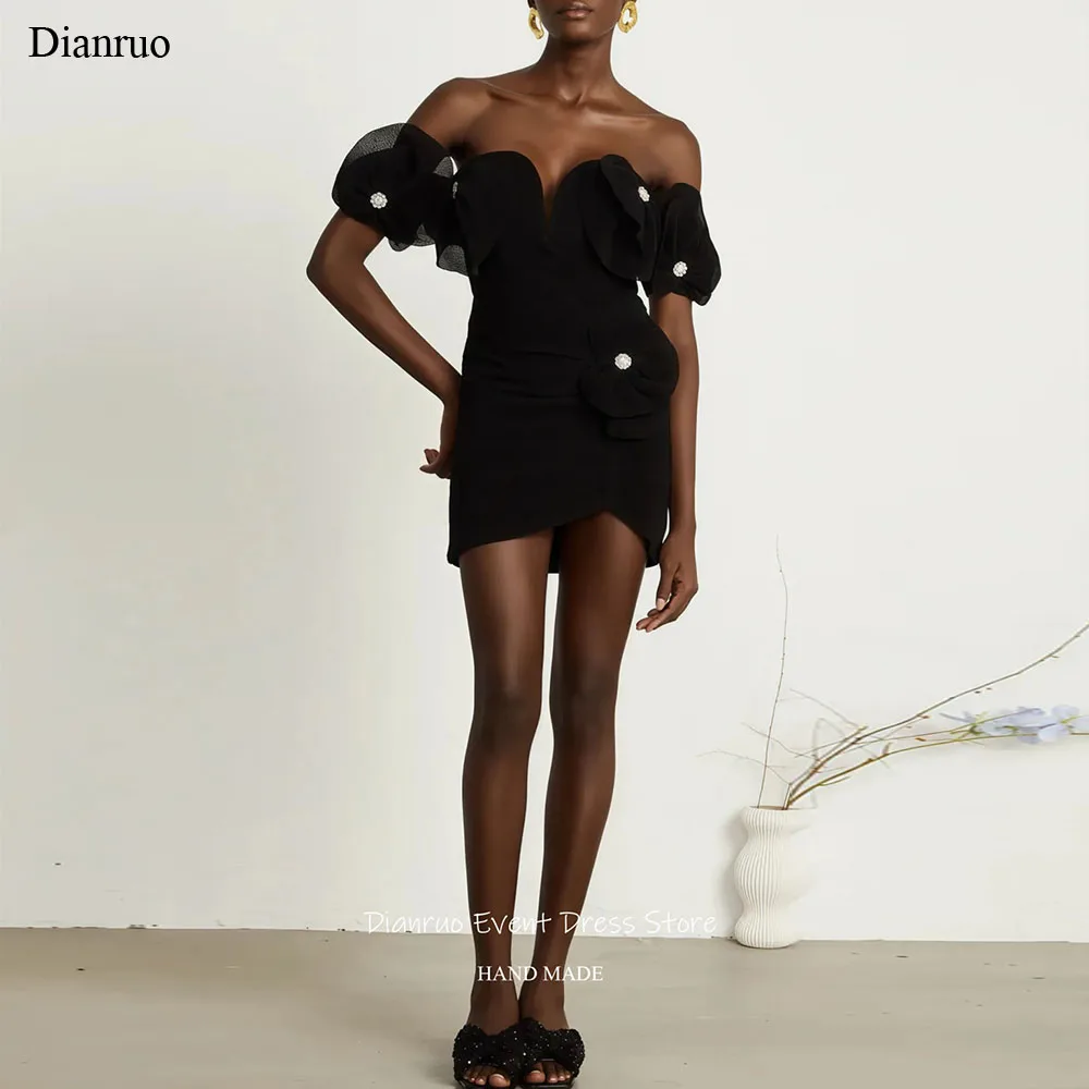 

Dianruo черное платье для выпускного вечера с пышными рукавами выше колена плиссированное платье Quinceanera с 3D цветами с открытыми плечами платье на день рождения по индивидуальному заказу