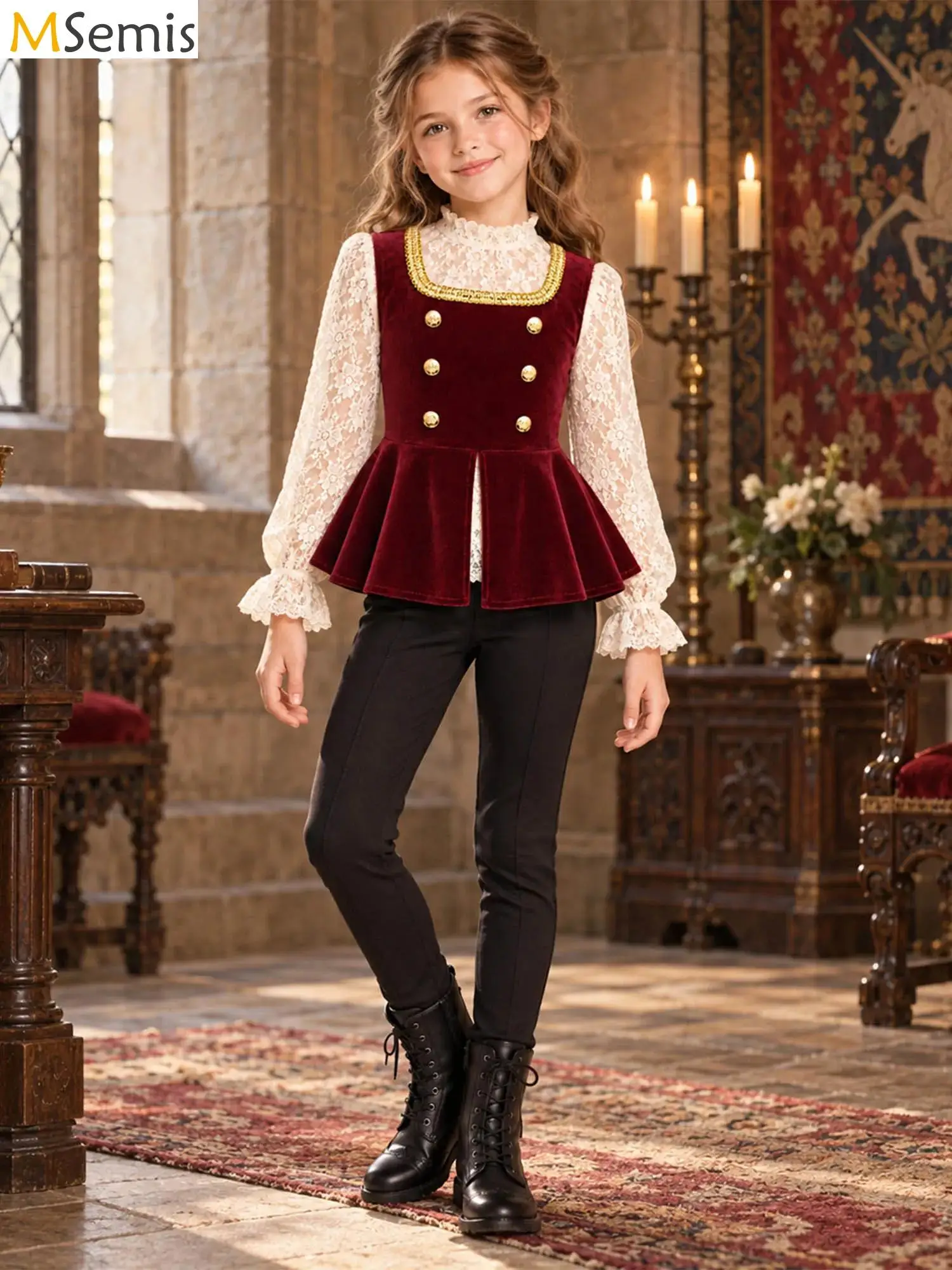 Disfraz de cosplay para fiesta temática de Halloween medieval para niñas, chaleco con dobladillo abombado, cuello con ribete dorado, chaleco decorativo, top elegante para disfraces.