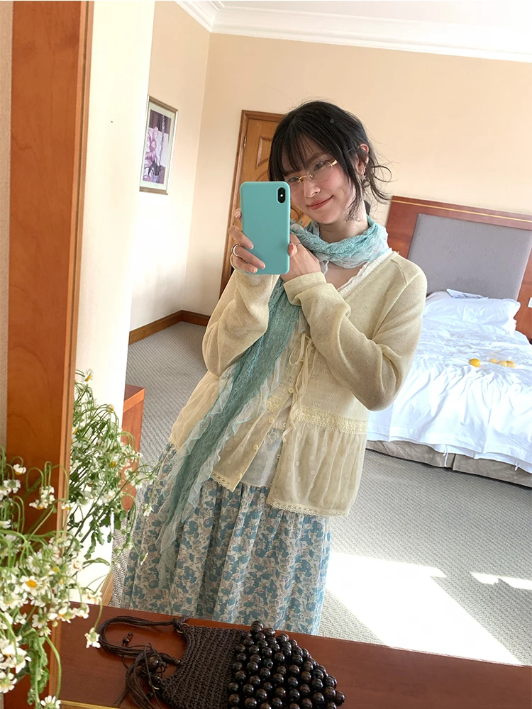 

Женский кардиган MOWENTI с вырезами и вставками, желтый, с эффектом прозрачности, весенний, свободного кроя, с длинными рукавами