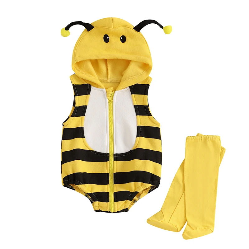 Baby Bee Costume Sleeveless Hooded Romper Long Socks Set Infant Bumble Bee Costume Newborn Outfit