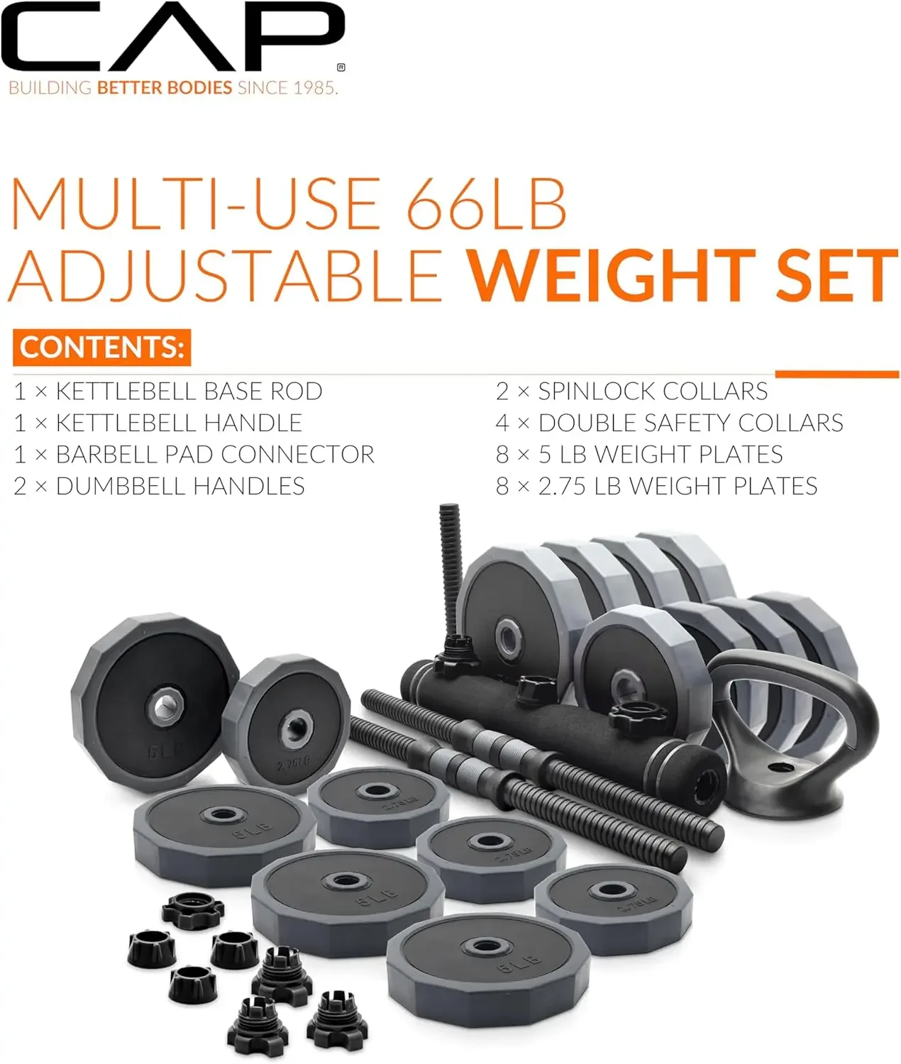 66 Lb Multi-Use Adjustable Weight Set - Versatile Dumbbell, Barbell & Kettlebell for Full-Body Strength Workouts, Gray