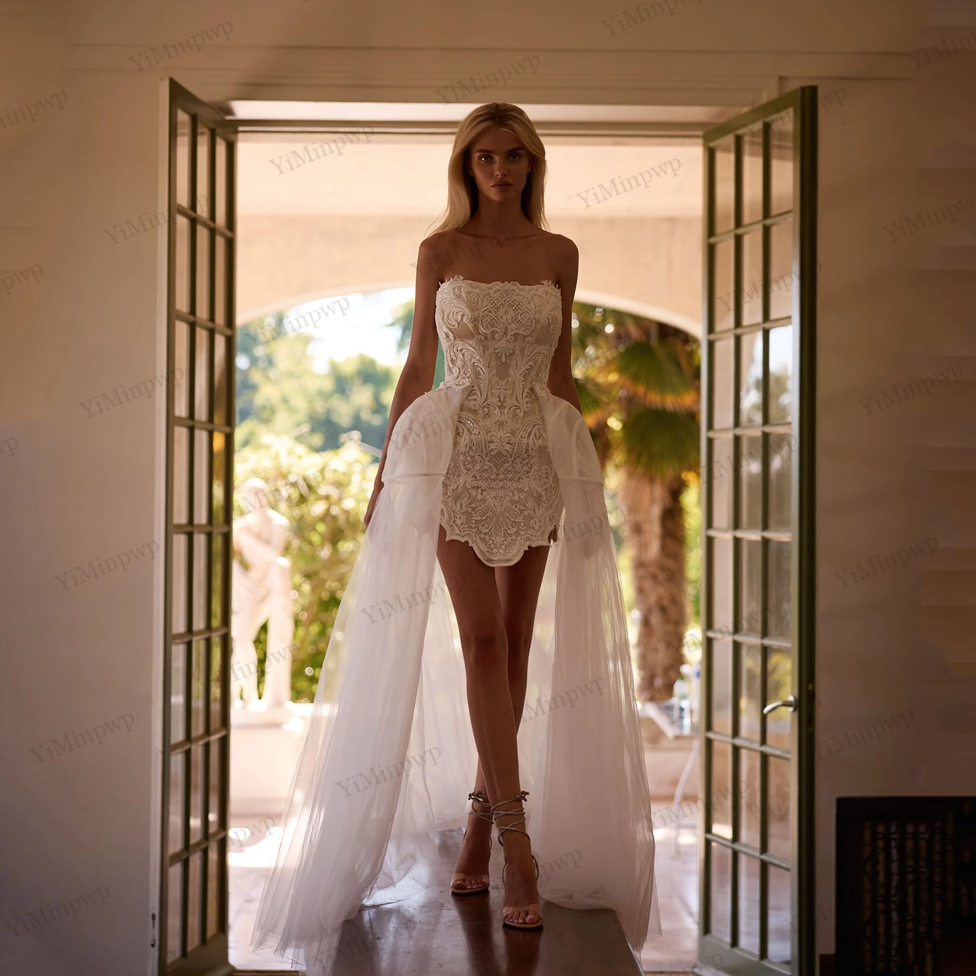 

Mermaid Lace Short 2 In 1 Wedding Dresses Sleeveless Beaded Beach Bridal Dress Mini Wedding Gown Robe De Mairee ﻿Customized ﻿