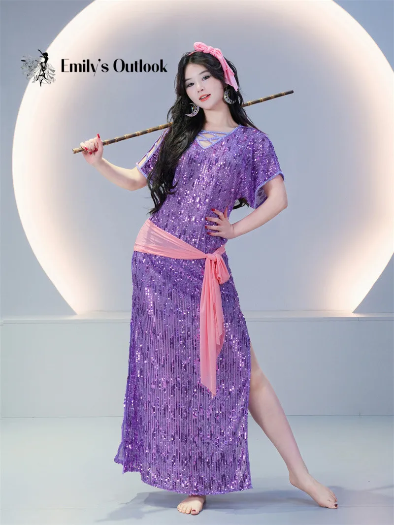 Vestido Abaya de Danza del Vientre con Lentejuelas y Faja Rosa, Traje de Danza Oriental para Mujer, Manga Corta, Abertura Lateral, Túnica Larga de Danza Gitana