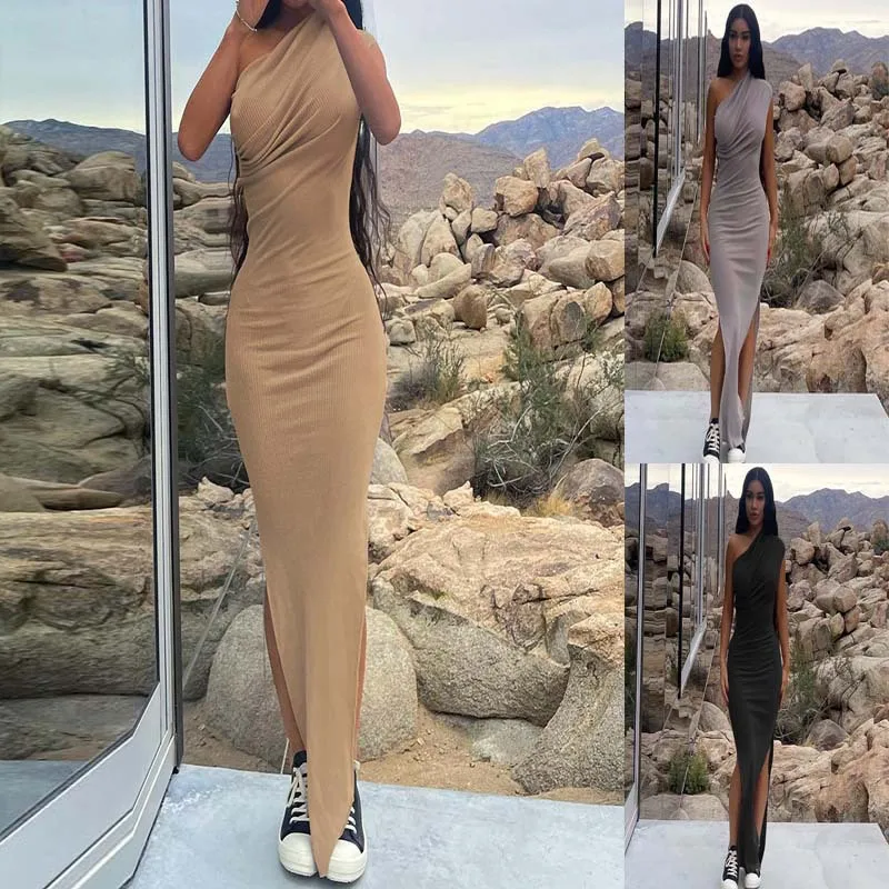 

2025 Autumn/Winter New Women's Solid Color Casual Asymmetric Shoulder Slit Slim-Fit Long Dress A002