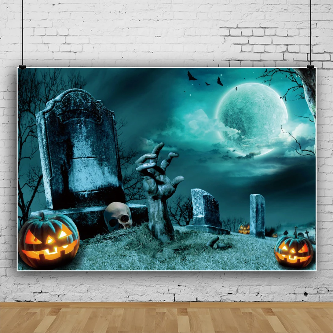 

Halloween Background Tombstone Cemetery Grave Moon Pumpkin Skeleton Hand Photography Backdrop Vinyl Photo Studio Photophone