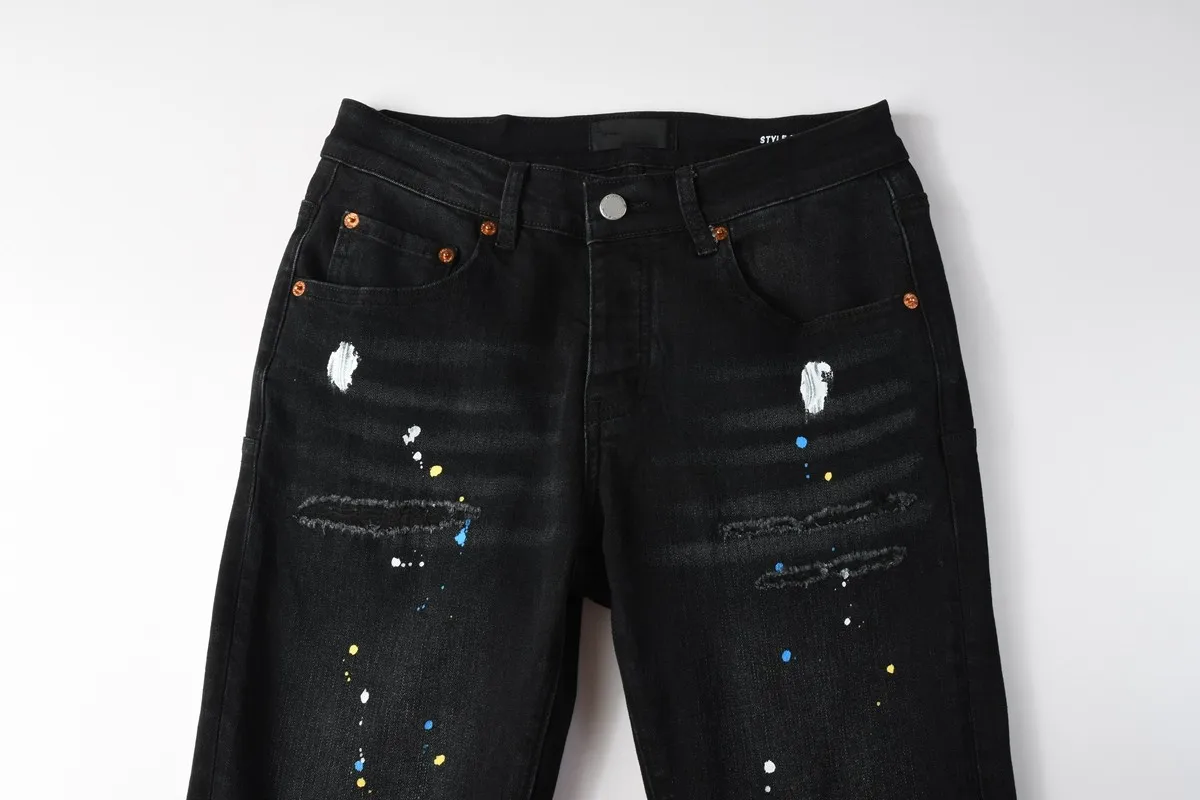 New Fashion Jeans Men High Street Black Splashing ink graffiti Distressed Hole Stretch Skinny Button Fly Ripped Jeans Brand