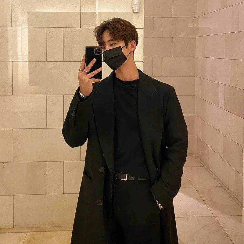 

Мужское длинное шерстяное пальто 2026 года, зимнее утепленное двубортное пальто-тренч в корейском стиле, повседневное, модное, ветрозащитное, в пол