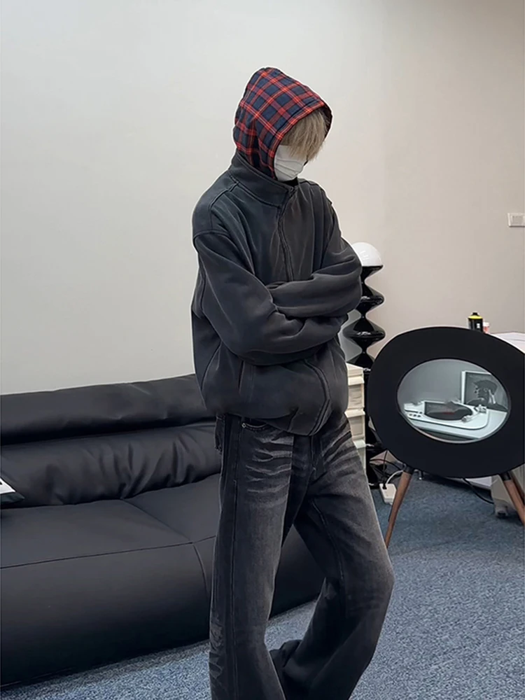 

Мужская толстовка-худи в американском стиле с клетчатым узором, весенне-осенняя, плотная, повседневная, модная, премиум-класса