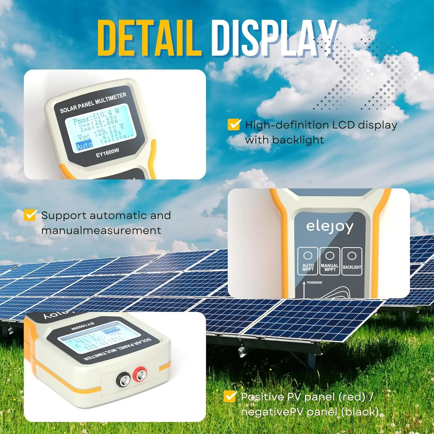 EY1600W Solar Panel Tester, Solar DC/AC Power Meter, Photovoltaic Panel Multimeter, Open Circuit Voltage Auto & Manual MPPT