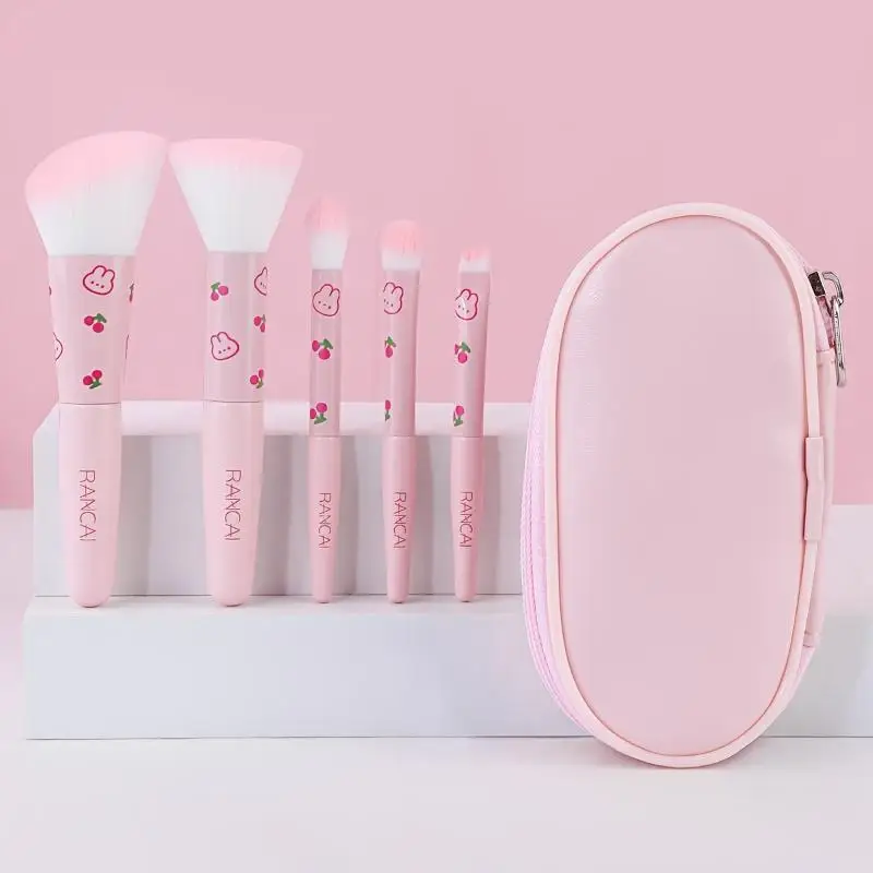 5pcs Cute Compact Makeup Brush Set ith Case Premium Brush For Flawless Foundation, Blush, Eyeshadow Application Beauty Tools