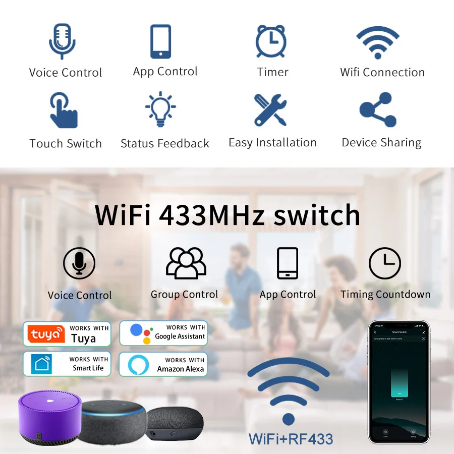 1/2/3/4-fach US Touch-Schalter Smart WLAN-Lichtschalter Ohne Neutralleiter Erforderlich Smart Home 100-240V Kompatibel mit Alexa Hey Google – Detail 1