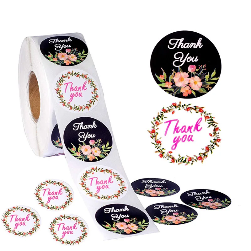 500pcs Roll Thank You Stickers Labels Stamps Round Floral Multicolor Envelopes Cute Closure Wedding Decoration