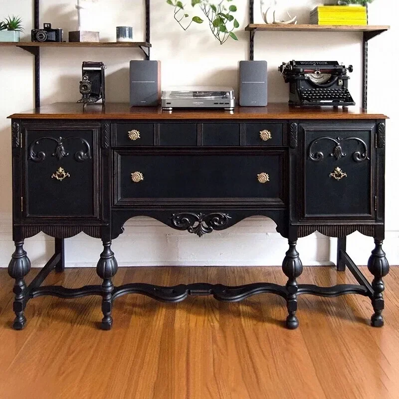 French Retro Solid Wood Wall Cabinet Neoclassical Carved Sideboard Two Tone Storage for Villa Dining Room Porch Entryway