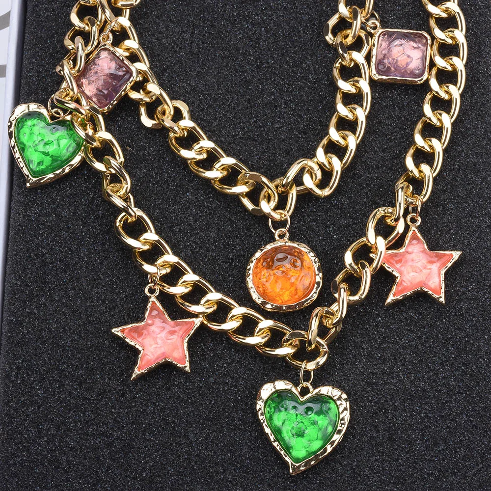 2024 New ZA Golden Metal Chains Link Choker Necklace With Charm Heart Star Pentants For Women Jewelry Vintage Statement Necklace